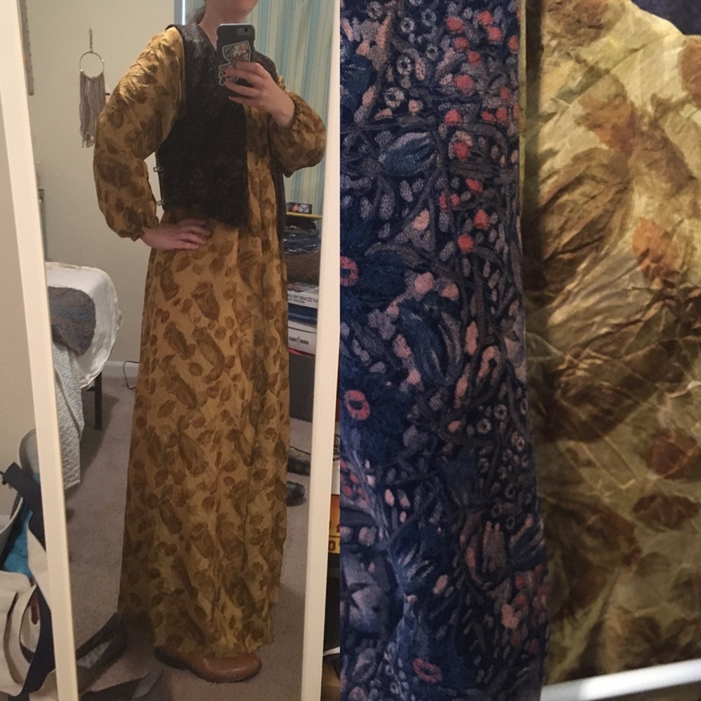 Gold Olive abstract leaf print maxi boho dress with black floral velvet vest